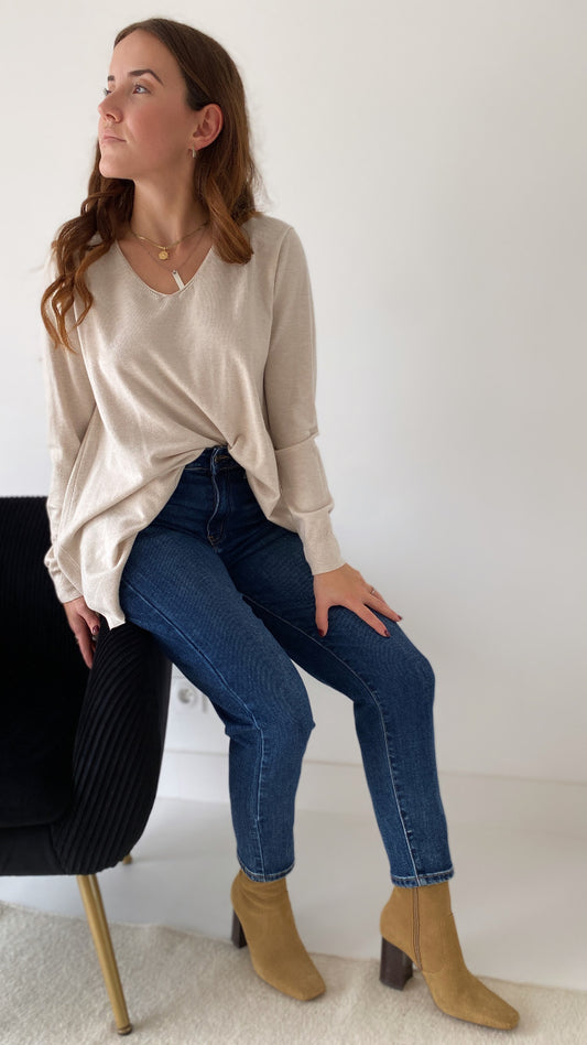 Pull col V beige